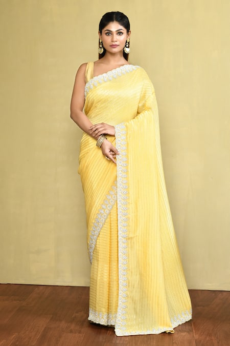 Nazaakat by Samara Singh Yellow Georgette Embroidered Sequin Saree With Running Blouse