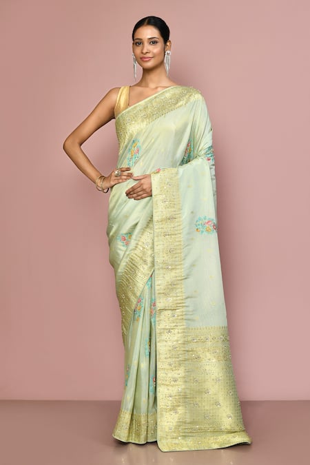 Nazaakat by Samara Singh Blue Silk Woven Flower Bouquet Saree With Running Blouse