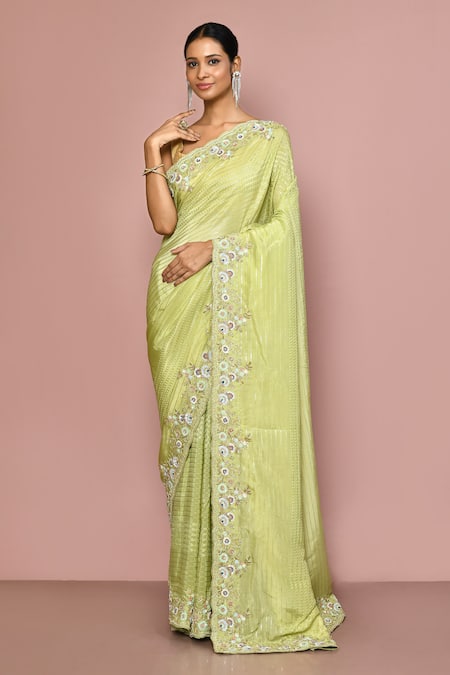 Nazaakat by Samara Singh Green Silk Embroidered Floral Border Saree With Running Blouse