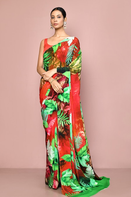 Nazaakat by Samara Singh Red Chiffon Printed Tropical Leaf Saree With Running Blouse