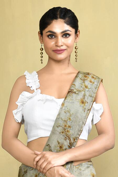 Nazaakat By Samara Singh_White Cotton Plain Sweetheart Neck Ruffled Sleeveless Blouse _Online_at_Aza_Fashions