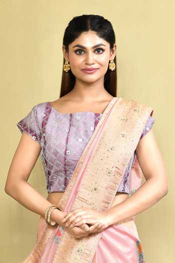 Nazaakat By Samara Singh_Pink Cotton, Lining Polyester Diamond Scoop Neck Embroidered Saree Blouse_Online_at_Aza_Fashions