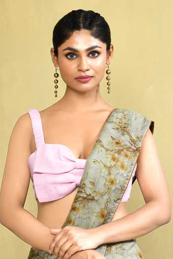 Nazaakat By Samara Singh_Pink Cotton, Lining Polyester Sweetheart Neck Double Bow Mania Blouse_Online_at_Aza_Fashions