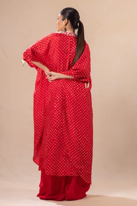 Pink City by Sarika_Red Silk Mirrors, Studs Round Bandhani Pattern Embroidered Cape Flared Pant Set _Online_at_Aza_Fashions