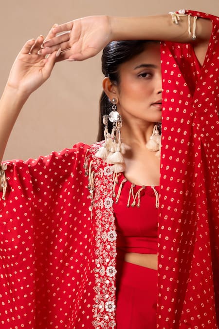Shop_Pink City by Sarika_Red Silk Mirrors, Studs Round Bandhani Pattern Embroidered Cape Flared Pant Set _Online_at_Aza_Fashions