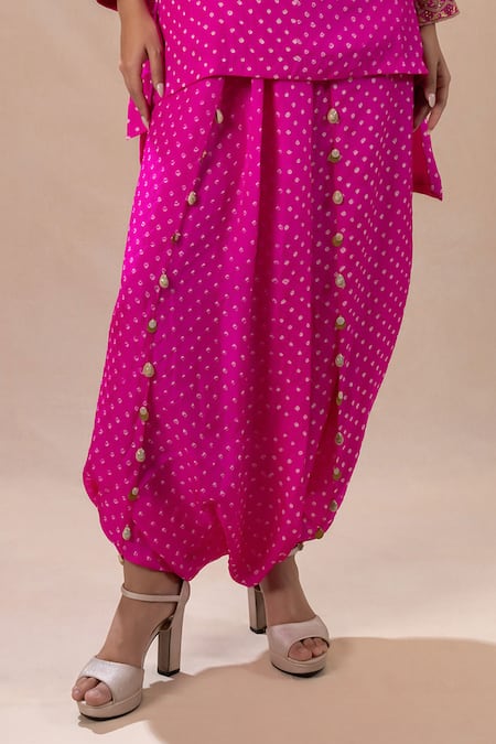 Buy_Pink City By Sarika_Pink Silk Sequins, Zari Split Bandhani Pattern Embroidered Kurta Dhoti Pant Set _Online_at_Aza_Fashions
