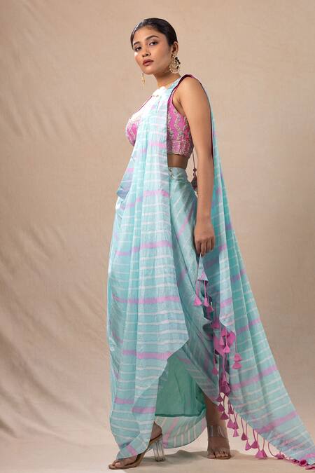 Shop_Pink City by Sarika_Green Silk Embroidery Scoop Neck Leheriya Pre-draped Saree With Blouse _Online_at_Aza_Fashions