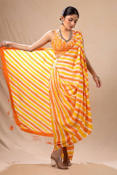 Shop_Pink City By Sarika_Orange Silk Tassels, Embroidery V-neck Leheriya Pre-draped Saree With Blouse _Online_at_Aza_Fashions