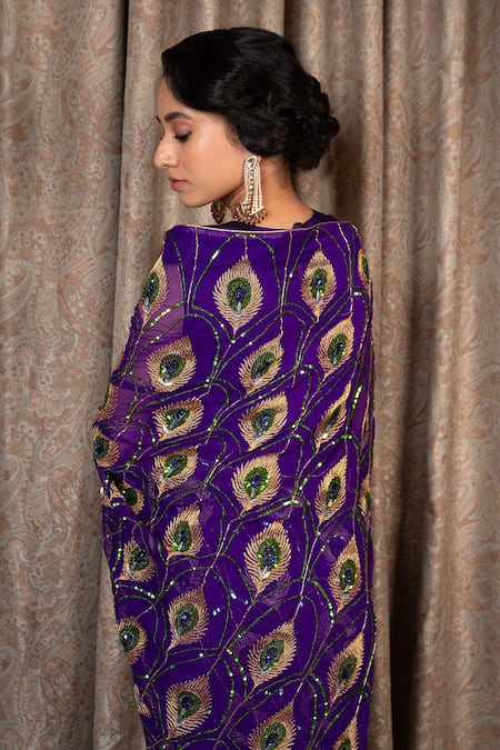 Atelier Shikaarbagh_Purple , Chiffon, Satin Embroidery Round Neck Saree With Blouse _Online_at_Aza_Fashions