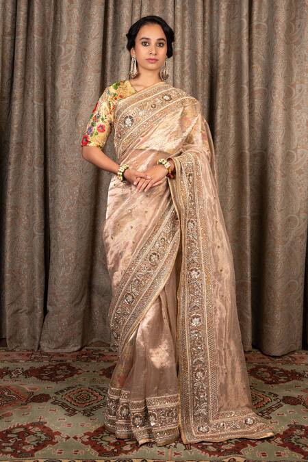 Atelier Shikaarbagh Silver Saree Silk Tissue Hand Embroidered Aari V Neck With Blouse 