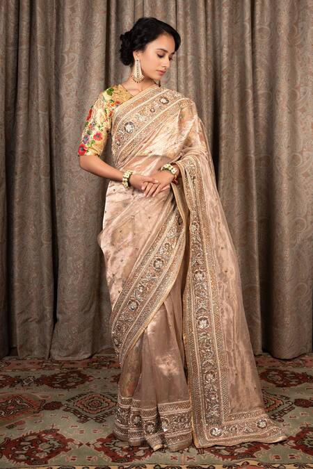 Buy Atelier Shikaarbagh Silver Silk, Brocade Pearls, Zari V-neck Hand Embroidered Saree With Blouse Online at Aza Fashions Buy_Atelier Shikaarbagh_Silver Silk, Brocade Pearls, Zari V-neck Hand Embroidered Saree With Blouse _Online_at_Aza_Fashions