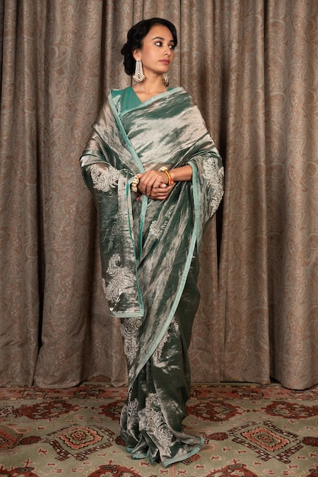 Atelier Shikaarbagh Green Silk Tissue Hand Embroidered Leaf Motifs V Saree With Blouse 