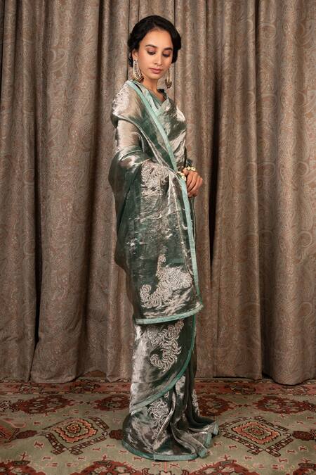 Buy Atelier Shikaarbagh Green Silk, Tissue Embroidery V-neck Leaf Motifs Hand Saree With Blouse Online at Aza Fashions Buy_Atelier Shikaarbagh_Green Silk, Tissue Embroidery V-neck Leaf Motifs Hand Saree With Blouse _Online_at_Aza_Fashions