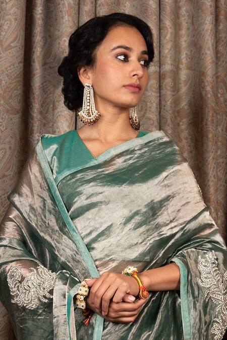 Shop Atelier Shikaarbagh Green Silk, Tissue Embroidery V-neck Leaf Motifs Hand Saree With Blouse Online at Aza Fashions Shop_Atelier Shikaarbagh_Green Silk, Tissue Embroidery V-neck Leaf Motifs Hand Saree With Blouse _Online_at_Aza_Fashions