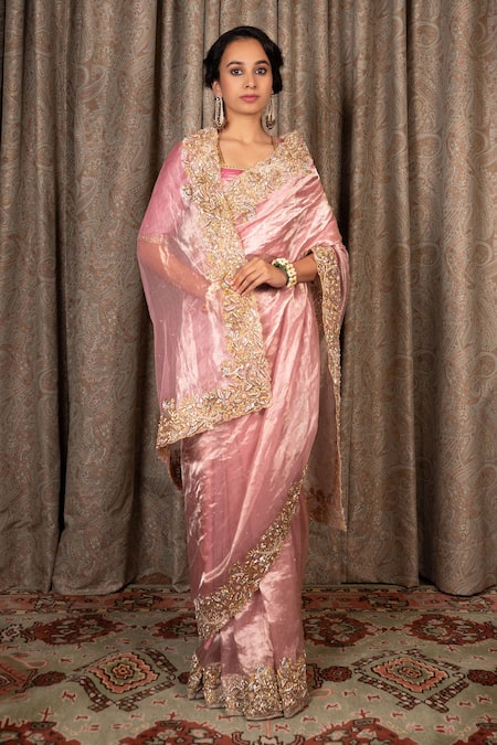 Atelier Shikaarbagh Pink Silk Tissue Hand Embroidered Zardosi Square Neck Saree With Blouse 