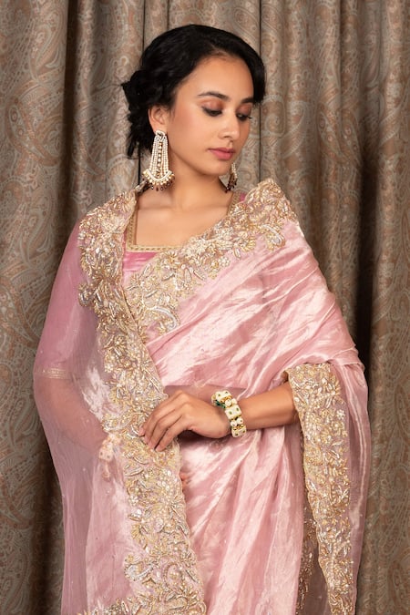 Atelier Shikaarbagh Pink Silk Pearls, Beads, Zari Square Zardosi Hand Embroidered Saree With Blouse Online at Aza Fashions Atelier Shikaarbagh_Pink Silk Pearls, Beads, Zari Square Zardosi Hand Embroidered Saree With Blouse _Online_at_Aza_Fashions