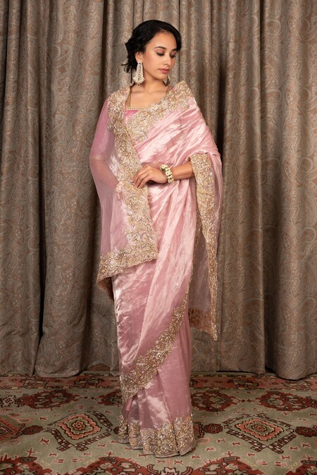 Buy Unnati Silks Pink Gota Patti And Zardosi Work Soft Silk Saree with  Unstitched Blouse online