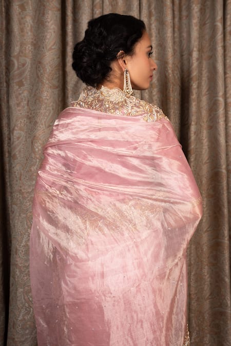 Shop Atelier Shikaarbagh Pink Silk Pearls, Beads, Zari Square Zardosi Hand Embroidered Saree With Blouse Online at Aza Fashions Shop_Atelier Shikaarbagh_Pink Silk Pearls, Beads, Zari Square Zardosi Hand Embroidered Saree With Blouse _Online_at_Aza_Fashions