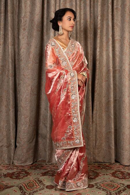 Atelier Shikaarbagh_Red Silk Sequins, Zari V-neck Hand Embroidered Saree With Blouse _Online_at_Aza_Fashions