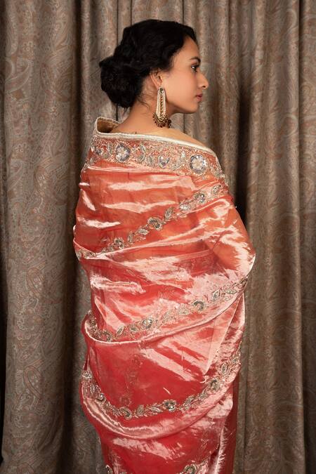 Buy_Atelier Shikaarbagh_Red Silk Sequins, Zari V-neck Hand Embroidered Saree With Blouse _Online_at_Aza_Fashions