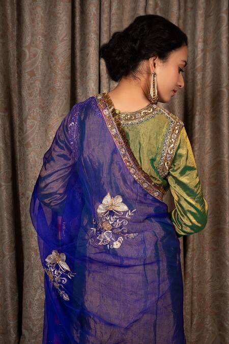 Shop_Atelier Shikaarbagh_Green , Organza, Brocade Embroidery Collared Kurta Pant Set _Online_at_Aza_Fashions