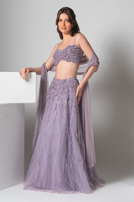 Richa Jaisinghani Label Purple Tulle Hand Embroidered Leaf Applique Sweetheart Neck Lehenga Set 