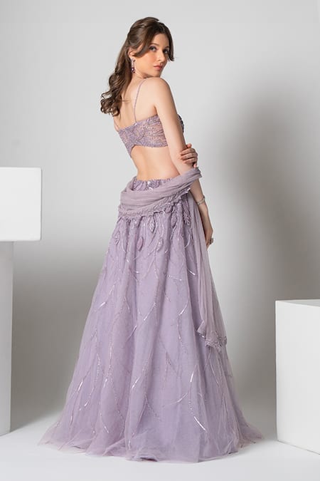 Shop Richa Jaisinghani Label Purple Silk, Tulle Pearls, Sequins, Beads Leaf Applique Embroidered Lehenga Set at Aza Fashions Shop_Richa Jaisinghani Label_Purple Silk, Tulle Pearls, Sequins, Beads Leaf Applique Embroidered Lehenga Set _at_Aza_Fashions