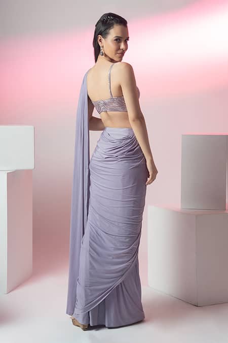 Shop Richa Jaisinghani Label Purple Tulle, Lycra Cut Work, Sequins, Embellished Blouse And Pre-draped Saree Set at Aza Fashions Shop_Richa Jaisinghani Label_Purple Tulle, Lycra Cut Work, Sequins, Embellished Blouse And Pre-draped Saree Set _at_Aza_Fashions