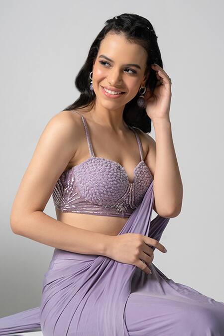 Richa Jaisinghani Label Purple Tulle, Lycra Cut Work, Sequins, Embellished Blouse And Pre-draped Saree Set Online at Aza Fashions Richa Jaisinghani Label_Purple Tulle, Lycra Cut Work, Sequins, Embellished Blouse And Pre-draped Saree Set _Online_at_Aza_Fashions