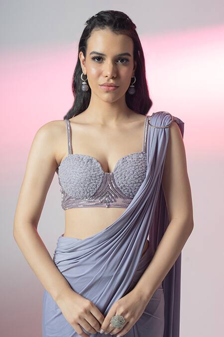 Buy Richa Jaisinghani Label Purple Tulle, Lycra Cut Work, Sequins, Embellished Blouse And Pre-draped Saree Set Online at Aza Fashions Buy_Richa Jaisinghani Label_Purple Tulle, Lycra Cut Work, Sequins, Embellished Blouse And Pre-draped Saree Set _Online_at_Aza_Fashions