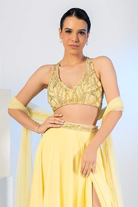 Shop Richa Jaisinghani Label Yellow Tulle, Lycra Sequins, Cut Work, Beads Halter Embroidered Blouse Skirt Set Online at Aza Fashions Shop_Richa Jaisinghani Label_Yellow Tulle, Lycra Sequins, Cut Work, Beads Halter Embroidered Blouse Skirt Set _Online_at_Aza_Fashions