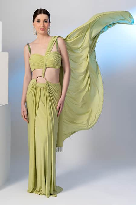 Richa Jaisinghani Label Green Lycra Hand Embroidered Cut Ruched Blouse Skirt Set With Drape  