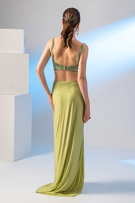 Shop Richa Jaisinghani Label Green Tulle, Lycra Sequins, Beads Sweetheart Ruched Blouse Skirt Set With Drape at Aza Fashions Shop_Richa Jaisinghani Label_Green Tulle, Lycra Sequins, Beads Sweetheart Ruched Blouse Skirt Set With Drape _at_Aza_Fashions