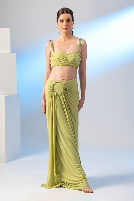 Buy Richa Jaisinghani Label Green Tulle, Lycra Sequins, Beads Sweetheart Ruched Blouse Skirt Set With Drape Online at Aza Fashions Buy_Richa Jaisinghani Label_Green Tulle, Lycra Sequins, Beads Sweetheart Ruched Blouse Skirt Set With Drape _Online_at_Aza_Fashions