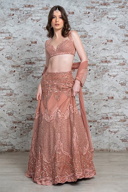 Richa Jaisinghani Label Coral Organza Hand Embroidered Leaf And Pearl Bridal Lehenga Set  