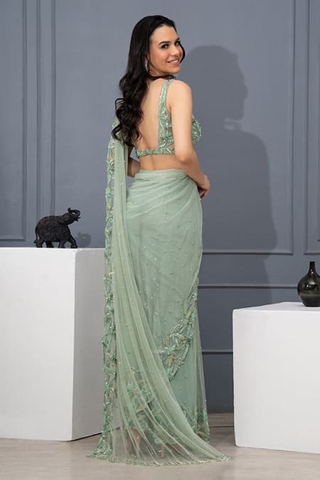 Richa Jaisinghani Label Mint Green Hand Embroidered Pre-Stitched Saree 