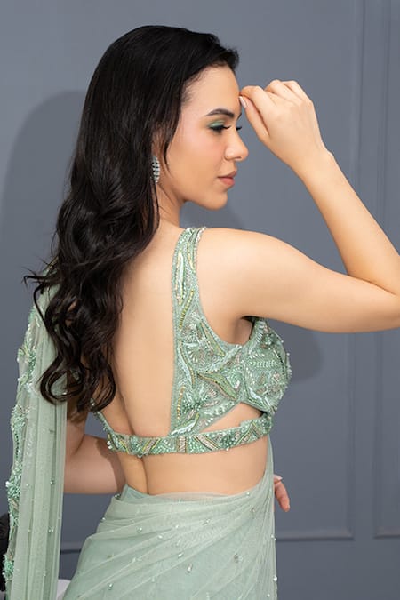 Shop Richa Jaisinghani Label Green Silk, Tulle Sequins, Pearls Mint Hand Embroidered Pre-stitched Saree Online at Aza Fashions Shop_Richa Jaisinghani Label_Green Silk, Tulle Sequins, Pearls Mint Hand Embroidered Pre-stitched Saree _Online_at_Aza_Fashions
