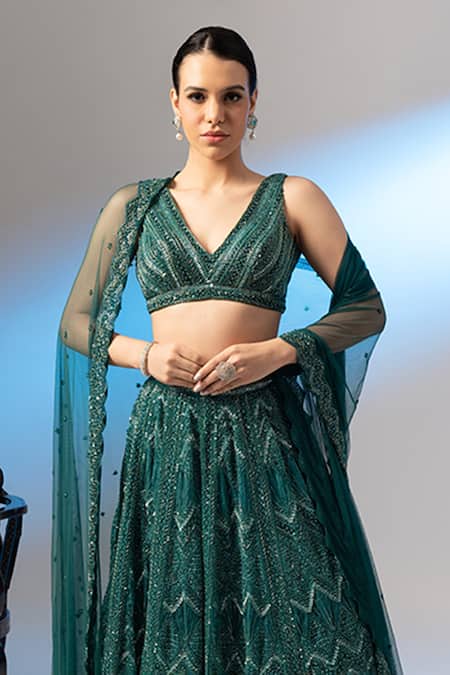 Buy_Richa Jaisinghani Label_Green Silk, Organza, Tulle Sequins, Dana And Embroidered Bridal Lehenga Set _Online_at_Aza_Fashions
