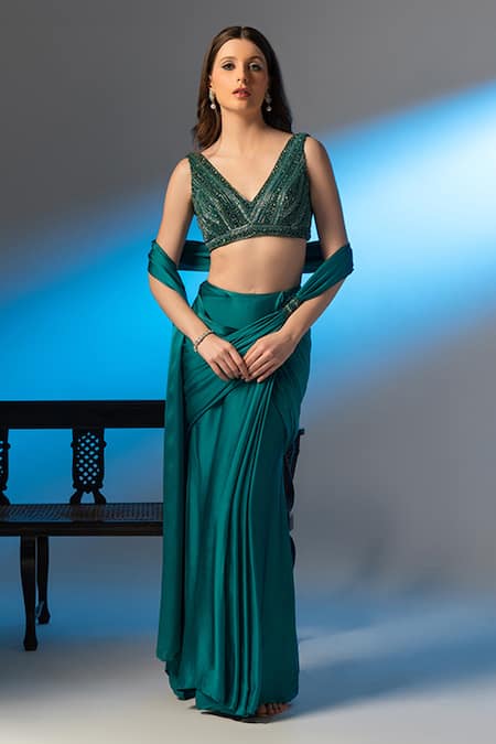 Richa Jaisinghani Label Green Satin Georgette Hand Embroidered Blouse With Pre-draped Saree  