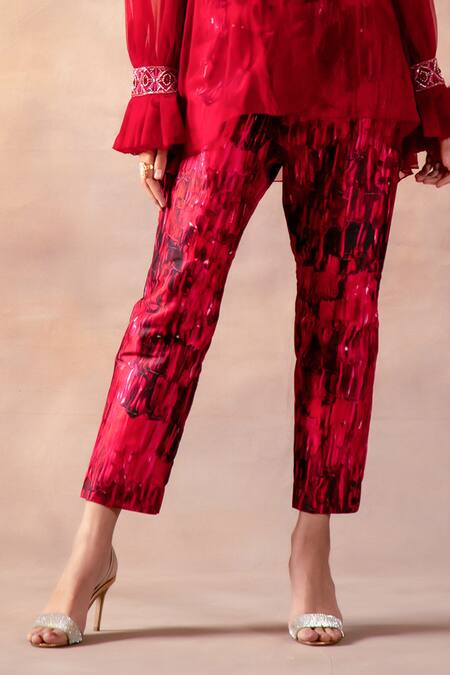 Laxmishriali Maroon Organza, Cotton, Silk Cut Work, Waistband Embroidered Jacket Pant Set Online at Aza Fashions Laxmishriali_Maroon Organza, Cotton, Silk Cut Work, Waistband Embroidered Jacket Pant Set _Online_at_Aza_Fashions