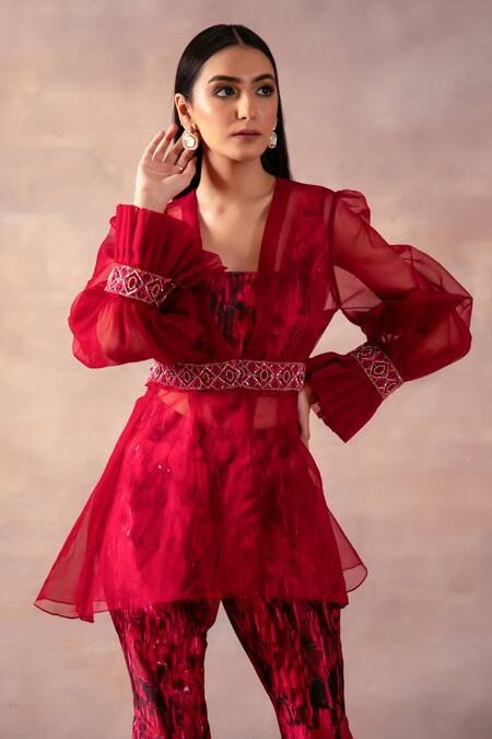 Buy Laxmishriali Maroon Organza, Cotton, Silk Cut Work, Waistband Embroidered Jacket Pant Set Online at Aza Fashions Buy_Laxmishriali_Maroon Organza, Cotton, Silk Cut Work, Waistband Embroidered Jacket Pant Set _Online_at_Aza_Fashions