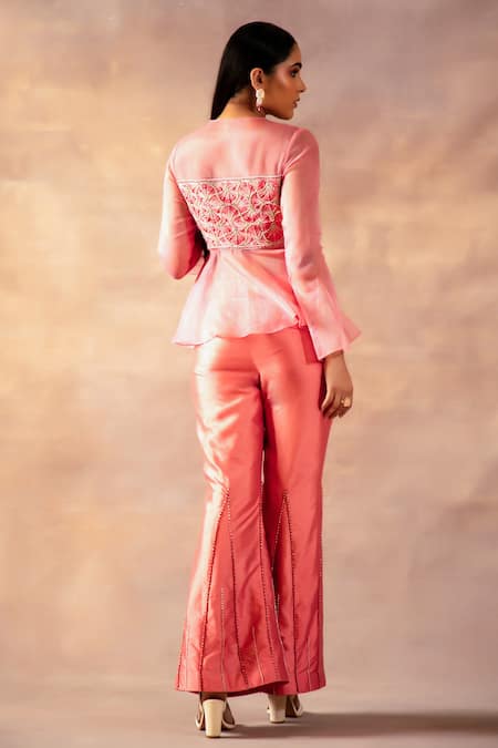 Shop Laxmishriali Peach Organza, Silk Beads, Embroidery V-neck Peplum Top And Pant Set at Aza Fashions Shop_Laxmishriali_Peach Organza, Silk Beads, Embroidery V-neck Peplum Top And Pant Set _at_Aza_Fashions