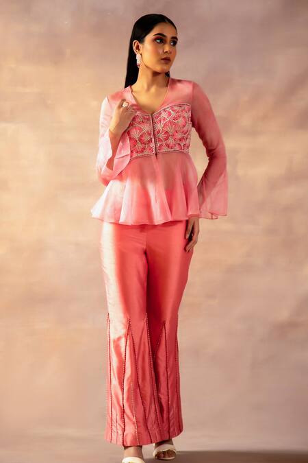 Buy Laxmishriali Peach Organza, Silk Beads, Embroidery V-neck Peplum Top And Pant Set Online at Aza Fashions Buy_Laxmishriali_Peach Organza, Silk Beads, Embroidery V-neck Peplum Top And Pant Set _Online_at_Aza_Fashions