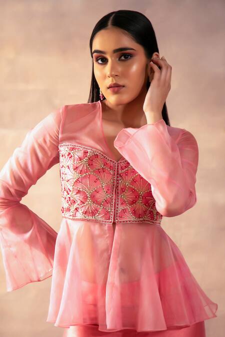 Shop Laxmishriali Peach Organza, Silk Beads, Embroidery V-neck Peplum Top And Pant Set Online at Aza Fashions Shop_Laxmishriali_Peach Organza, Silk Beads, Embroidery V-neck Peplum Top And Pant Set _Online_at_Aza_Fashions