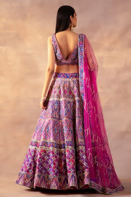 Shop Laxmishriali Purple Leatherette, Net, Silk Beads, Sequins, Pearls Geometric Print Lehenga Set at Aza Fashions Shop_Laxmishriali_Purple Leatherette, Net, Silk Beads, Sequins, Pearls Geometric Print Lehenga Set _at_Aza_Fashions