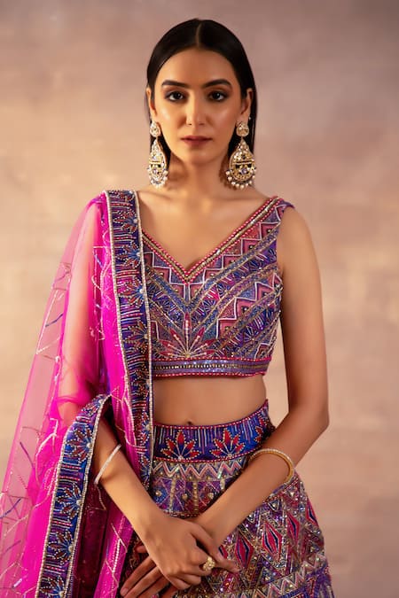 Laxmishriali Purple Leatherette, Net, Silk Beads, Sequins, Pearls Geometric Print Lehenga Set Online at Aza Fashions Laxmishriali_Purple Leatherette, Net, Silk Beads, Sequins, Pearls Geometric Print Lehenga Set _Online_at_Aza_Fashions