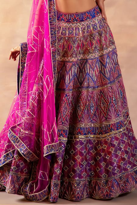 Shop Laxmishriali Purple Leatherette, Net, Silk Beads, Sequins, Pearls Geometric Print Lehenga Set Online at Aza Fashions Shop_Laxmishriali_Purple Leatherette, Net, Silk Beads, Sequins, Pearls Geometric Print Lehenga Set _Online_at_Aza_Fashions