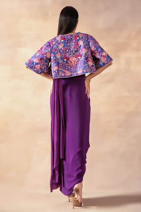 Shop Laxmishriali Purple Crepe, Silk Cut Work, Pearls, Waistband Pre-draped Saree Set With Jacket at Aza Fashions Shop_Laxmishriali_Purple Crepe, Silk Cut Work, Pearls, Waistband Pre-draped Saree Set With Jacket _at_Aza_Fashions