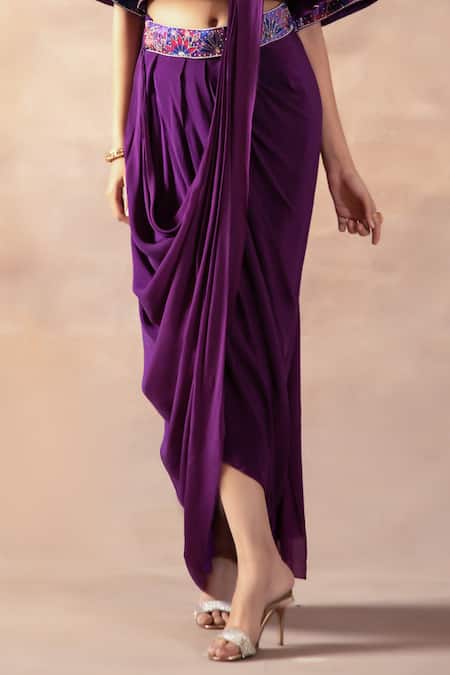 Buy Laxmishriali Purple Crepe, Silk Cut Work, Pearls, Waistband Pre-draped Saree Set With Jacket Online at Aza Fashions Buy_Laxmishriali_Purple Crepe, Silk Cut Work, Pearls, Waistband Pre-draped Saree Set With Jacket _Online_at_Aza_Fashions