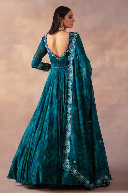 Shop Laxmishriali Emerald Green Georgette Pearls, Geometric Digital Print Anarkali With Dupatta at Aza Fashions Shop_Laxmishriali_Emerald Green Georgette Pearls, Geometric Digital Print Anarkali With Dupatta _at_Aza_Fashions